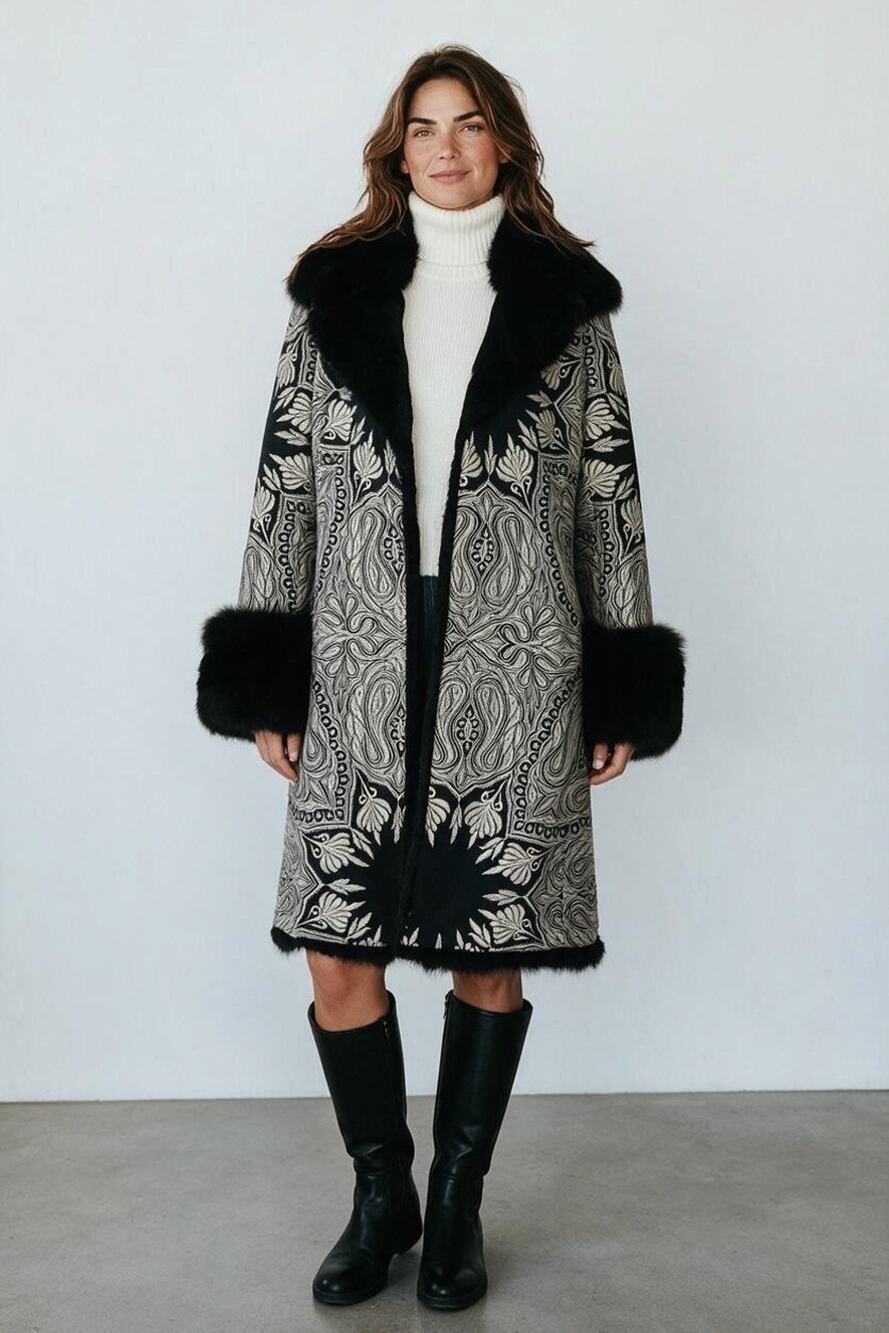 B00 Auth ETRO Monochrome Jacquard Reversible 100% Rabbit & Fox Fur Coat Size 44
